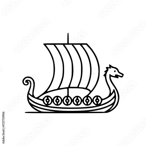 A Viking ship sailing the seas with a detailed design, showcasing the traditional craftsmanship and historical significance. A Viking longboat, depicted with a detailed dragon figurehead.