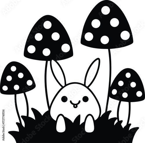 cute bunnies hiding behind patterned mushrooms illustration on transparent background