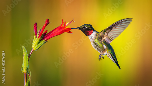 Ruby- Throated Hummingbird Sipping Nectar from a Red Tubular Flower in Soft Bokeh Light ruby-throated hummingbird