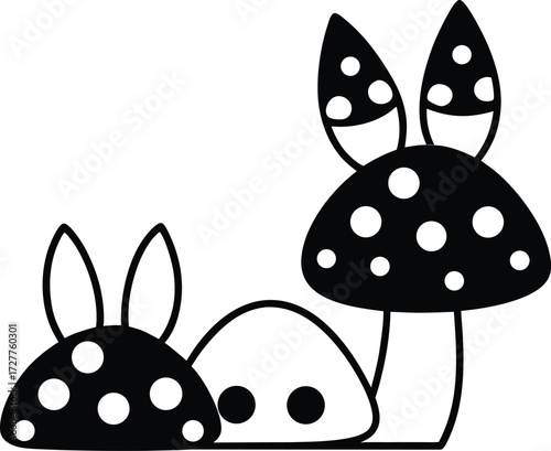 cute bunnies hiding behind mushrooms illustration on transparent background