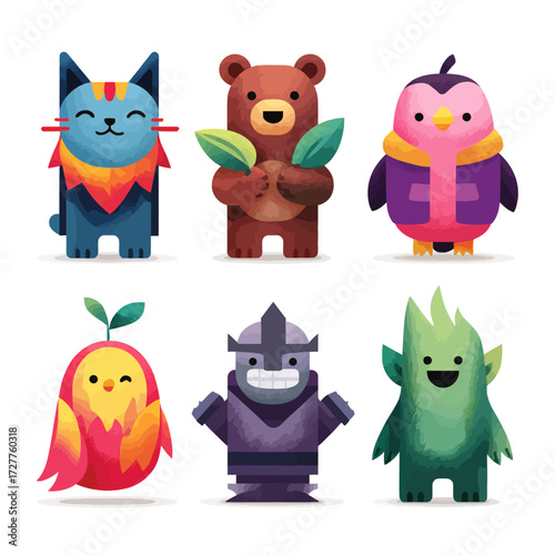 Six cute geometric cartoon creatures on a white background in different styles animals, a knight, and a green monster