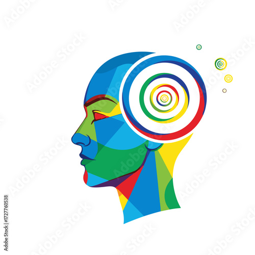 Human head with circles design, colorful geometric shapes outline a pensive face, expressing inner creativity. Circles design reflects thought processes, creativity inside the head, and imagination.