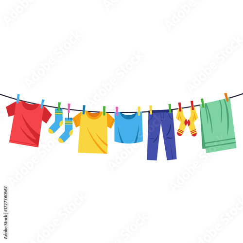 Clothesline with colorful clothes hanging after laundry depicts clothesline with various freshly washed clothing. Clothesline includes t-shirts, socks, pants, and towel, representing domestic chores,