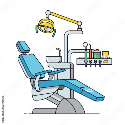 Dental chair inside white isolated dental clinic, showing medical equipment. Dental chair with tools and equipment, ready for patient treatment.