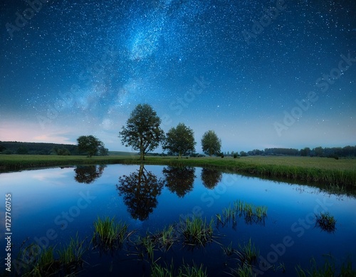 Beautiful view of meadow and amazing trees reflected on the blue water surface somewh 