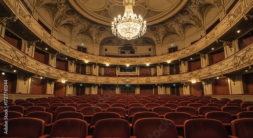 Empty Theater Interior Rich Decor and Elegant Chandeliers