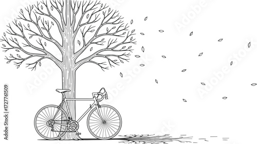 Autumn tree with falling leaves and bicycle silhouette, windy season concept vector, emotional nature scene for memory and transformation themes