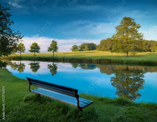 Beautiful view of the meadow and stunning trees reflected in the blue water and a bench. is calling to be quiet 