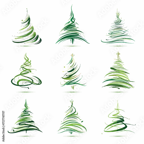 Green Christmas Trees Nine decorative, stylized holiday trees with brushstroke designs