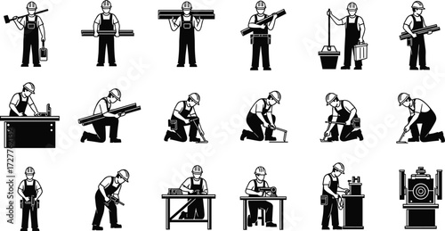 Construction worker silhouettes with tools, hard hats, industrial tasks, carpentry, drilling, sawing, mechanical work, black vector icons set illustration