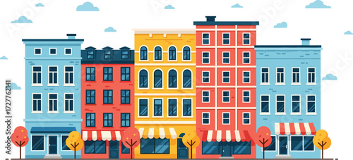 Colorful urban building row with storefronts, residential levels, autumn trees, city architecture, commercial facades, vibrant street design illustration
