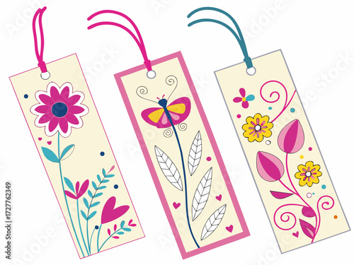 Colorful decorative bookmarks with floral designs and ribbons  