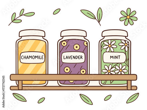 Jars of chamomile, lavender, and mint herbal extracts on shelf  