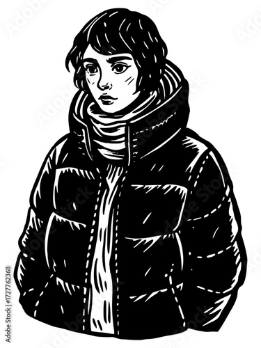 Young woman wearing a puffer coat with scarf in winter setting  