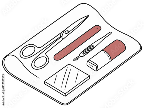 Manicure tools arranged on towel in minimalist style  