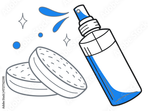 Makeup remover spray bottle with pads and blue liquid 