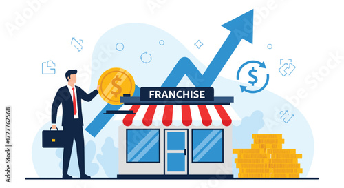 Franchise Business Investment Concept with Storefront, Coins, Growth Arrow, Entrepreneur, Financial Return, Profit Strategy, Vector Illustration for Marketing