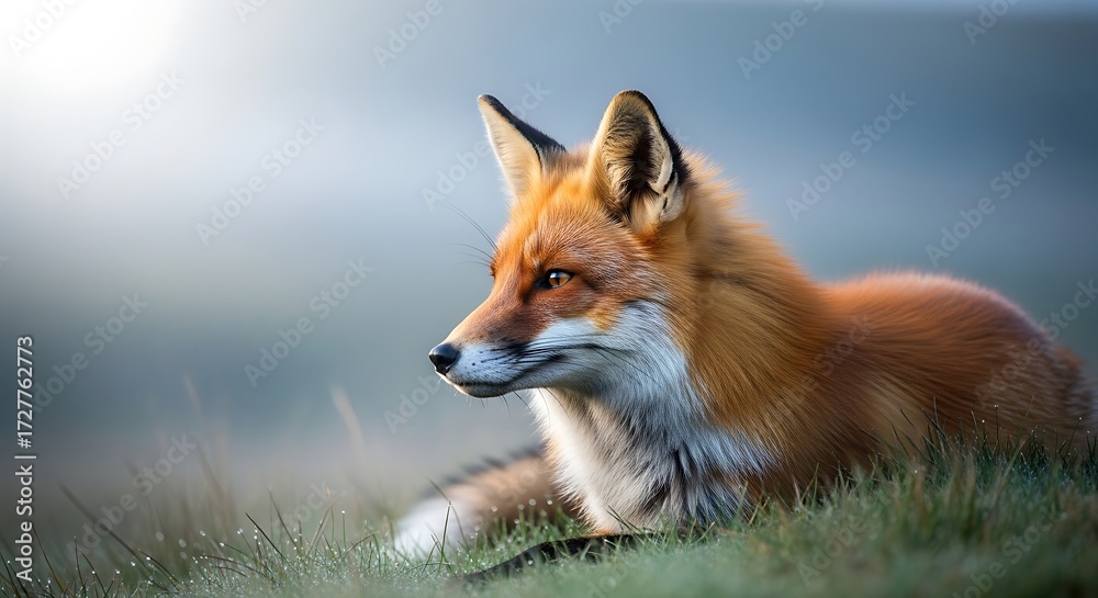 Obraz premium Red fox resting in a field, its fur glowing in the soft morning light