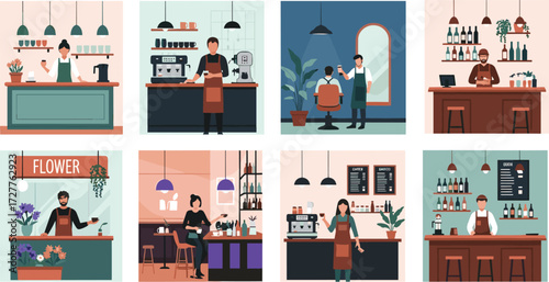 Indoor service scene collage with barista, florist, hairdresser, bartender, café customers, shop counters, commercial interiors, character interaction moments