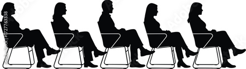 Seated people silhouettes in chairs, formal posture alignment, modern seating concept vector for waiting room, seminar, or panel illustration