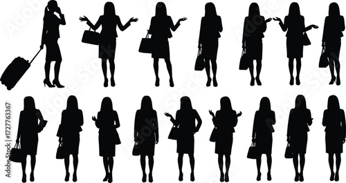 Professional woman silhouette poses, business outfit gestures, handbag and suitcase actions, character design vector for fashion and communication themes