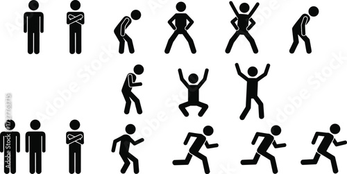 Stick figure movement poses, human gesture silhouettes, running jumping standing actions, posture variety grid for animation and activity concept