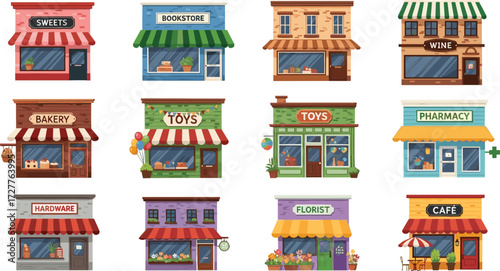 Twelve colorful storefront illustrations in grid layout featuring candy shop, bookstore, bakery, toy store, pharmacy, café, florist, hardware