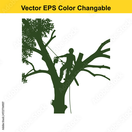 Vector art of silhouette of a tree surgeon with chainsaw on a branch