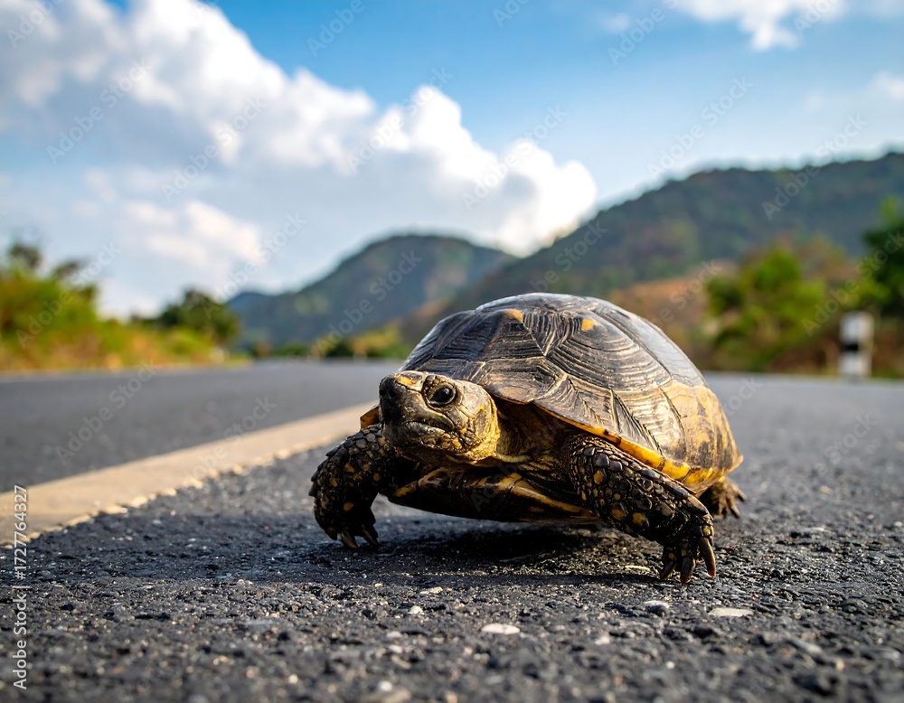 Obraz premium Turtle crossing a road, sunny day