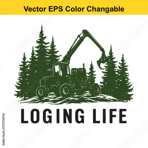 Vector art of logging machine in forest