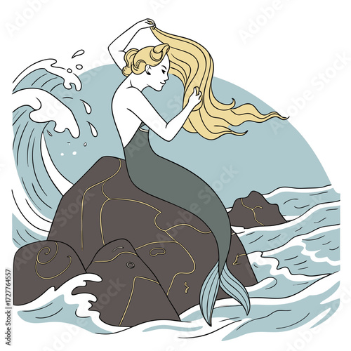 A beautiful blonde mermaid with a flowing tail sits on dark rocks in the ocean combing her long hair with waves crashing around her