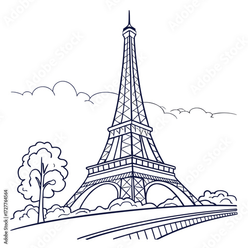 A charming and simple line art illustration of the iconic eiffel tower in paris france set against a backdrop of stylized clouds and surrounded by greenery and a pathway