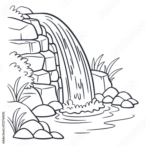 A charming hand drawn black and white illustration of a small cascading waterfall flowing over rough rocks and surrounded by lush green foliage and smooth pebbles at its base