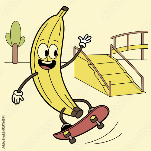 A cheerful anthropomorphic banana character with a wide smile and big eyes joyfully skateboarding down a ramp in a park setting with a stylized tree in the background