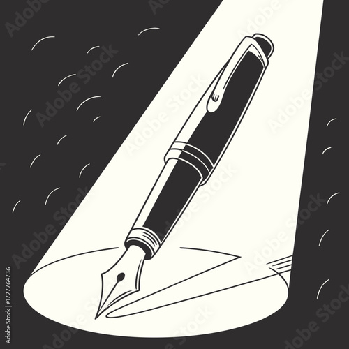 A classic black fountain pen with a silver clip and accents is illuminated by a spotlight as it writes on a piece of paper with abstract lines