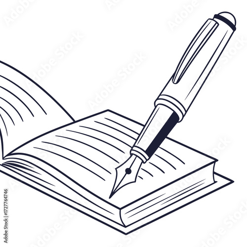 A classic fountain pen poised to write on the lined pages of an open book symbolizing education creativity and the art of writing