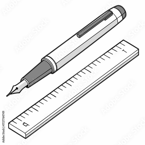 A classic fountain pen and a simple ruler are positioned diagonally on a white background representing writing measurement and education