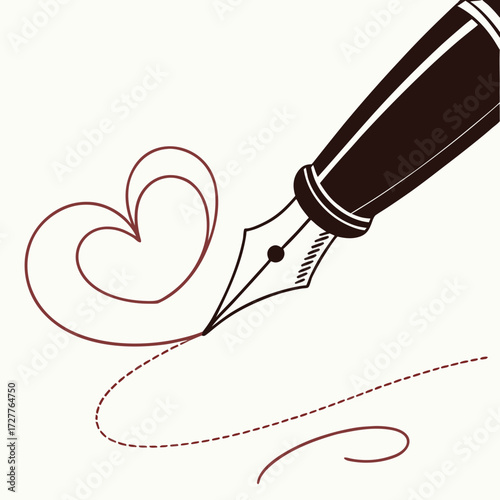 A classic dark brown fountain pen gracefully drawing a simple red heart shape and a dashed line on a light cream background symbolizing love and writing