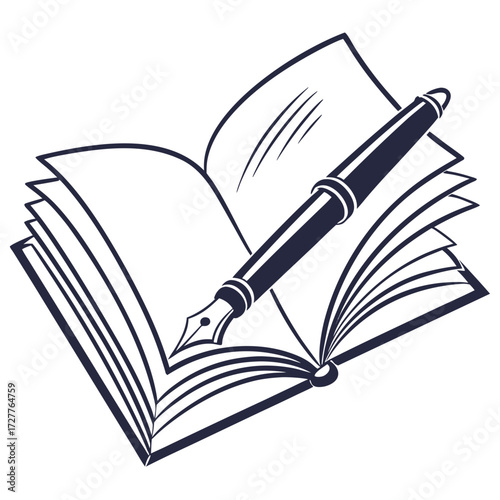 A classic fountain pen rests on the open pages of a book symbolizing the art of writing literature and creative expression in a simple graphic design