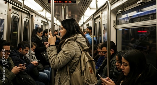 Riding the subway passengers absorbed in their phones a moment of quiet in the city ' s hustle Focus on the woman holding the pole