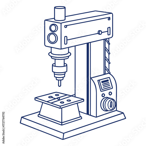 A clean line art illustration of a drill press machine with a spindle drill bit and worktable isolated on a white background representing manufacturing and precision engineering