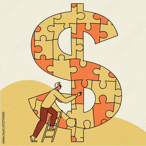 A determined businessman is climbing a ladder to place the final puzzle piece into a large dollar sign symbolizing financial success and problem solving