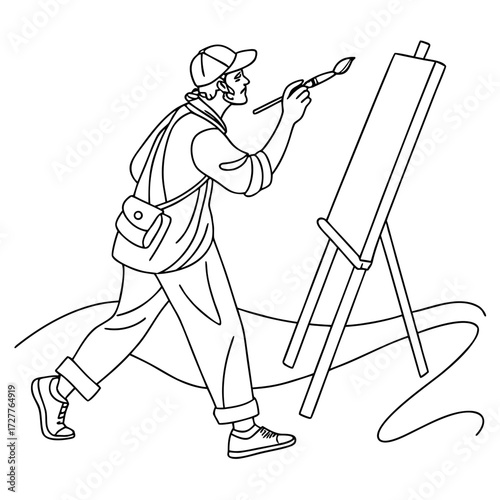 A dynamic line art illustration of a person wearing a cap and carrying a messenger bag actively painting on a canvas set on an easel conveying creativity and artistic pursuit