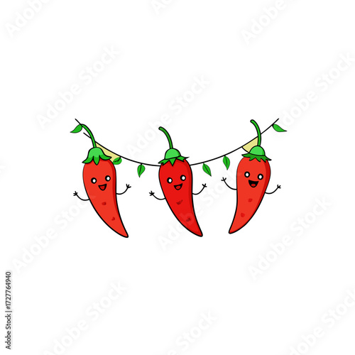 cartoon red chili pepper string lights  spicy vector