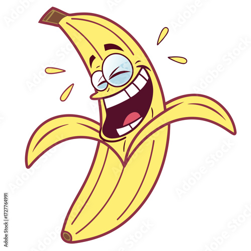 A funny cartoon banana character peeling itself open with a huge exaggerated laugh and tears of joy conveying extreme amusement and happiness in a vibrant playful illustration