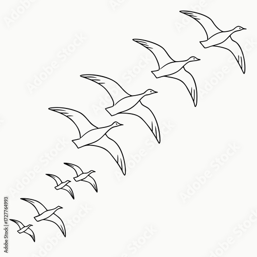 A flock of geese flying in formation across a white background representing migration and freedom