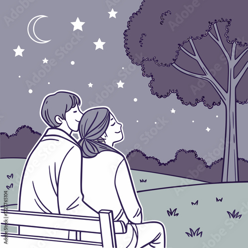 A loving couple sits on a park bench at night gazing up at the starry sky and crescent moon enjoying a peaceful romantic moment together under a large tree