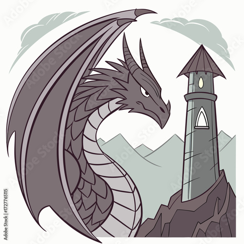 A majestic menacing grey dragon with large wings stands guard over a tall ancient stone tower perched precariously on a rocky cliff overlooking misty mountains and cloudy skies