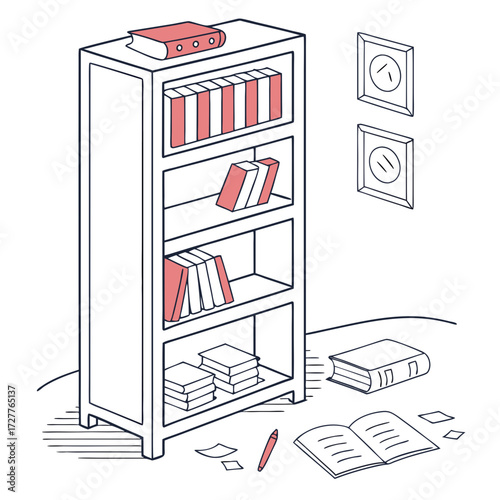 A minimalist isometric illustration of a tall bookshelf filled with books with additional books papers and a pen scattered on the floor suggesting a study or library setting