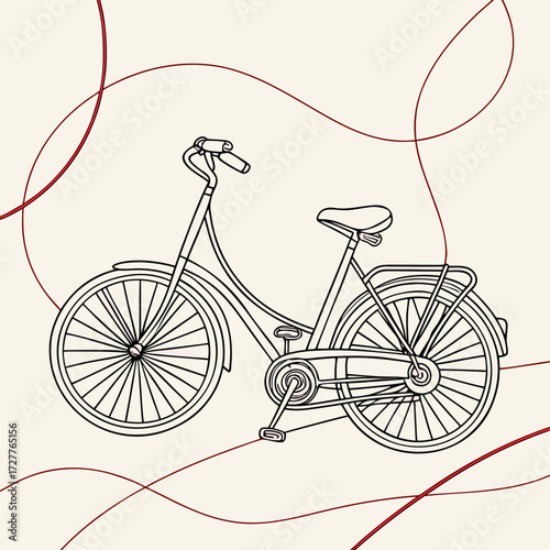 A minimalist line art illustration of a classic bicycle with a vintage style frame and a rear rack set against a cream background with flowing red abstract lines